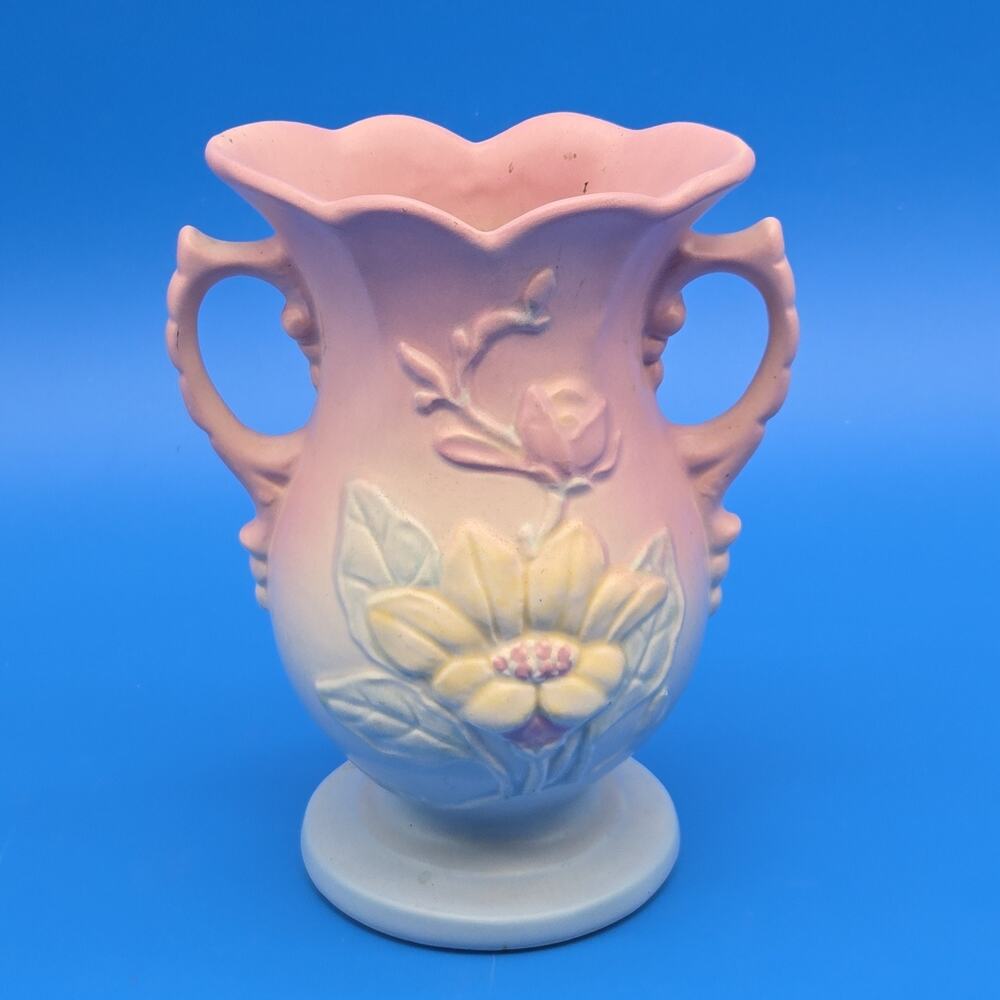 Hull Art Pottery Magnolia Vase 6.25” Matte Pink Blue Double Handle USA 1940s